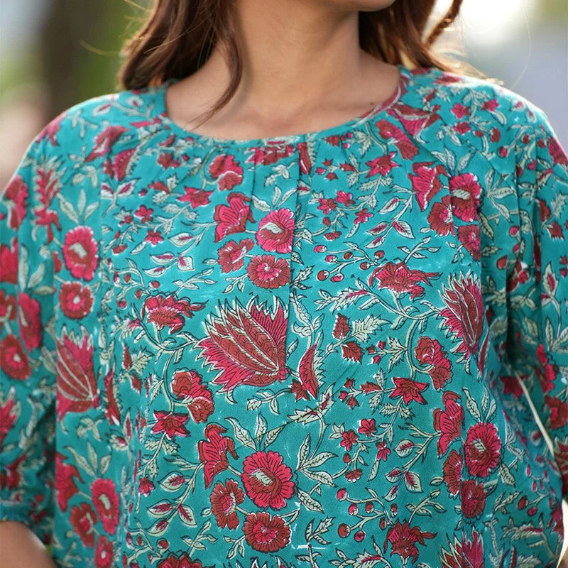 Handblock Printed Cotton Top | Teal & Wine