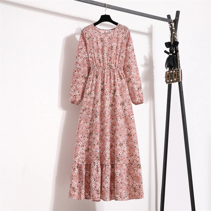 Women's Floral Sweet Temperament Long Sleeve High Waist Dresses