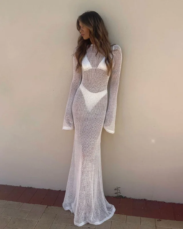 Women's Knitted Long Sleeve Backless Sexy Mopping Dresses