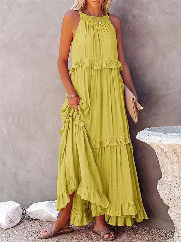 Women's Style Ruffled Long Dress Wide Hem Dresses