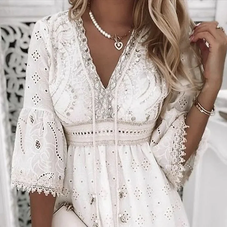 Women's White Hollow Tassel Embroidered Dress Dresses