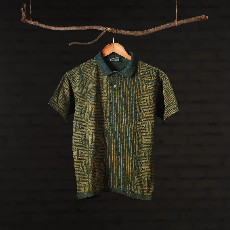 Green - Bindaas Natural Dyed Art Block Print Unisex Polo Collar T-shirt in Cotton