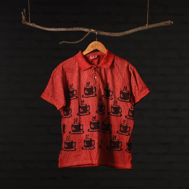 Red - Bindaas Natural Dyed Art Block Print Polo Collar T-shirt in Cotton