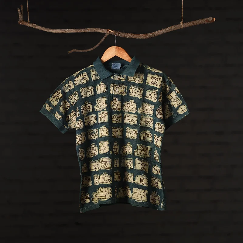 Green - Bindaas Natural Dyed Art Block Print Polo Collar T-shirt in Cotton