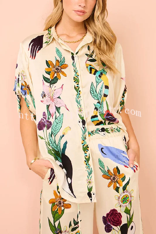 Lilipretty Modern Sophisticated Feel Satin Unique Print Button Down Oversized Blouse