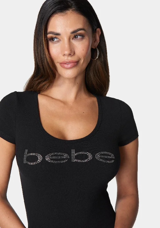 bebe-logo-short-sleeve-round-neck-rib-top-black