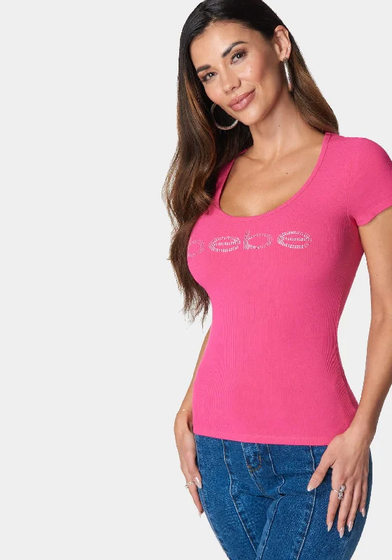 bebe-logo-short-sleeve-round-neck-rib-top-raspberry-sorbet