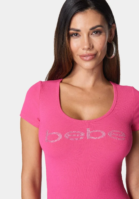 bebe-logo-short-sleeve-round-neck-rib-top-raspberry-sorbet