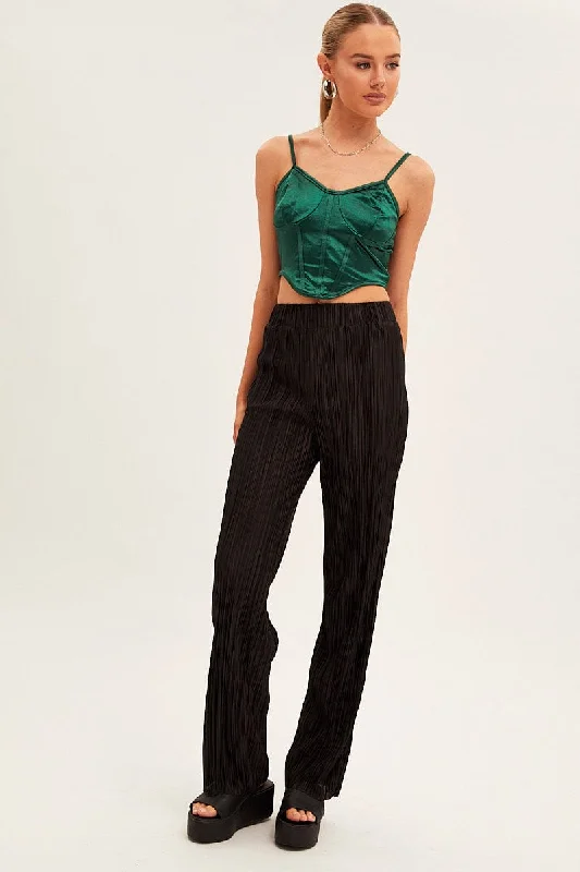 Black Plisse Pants Wide Leg