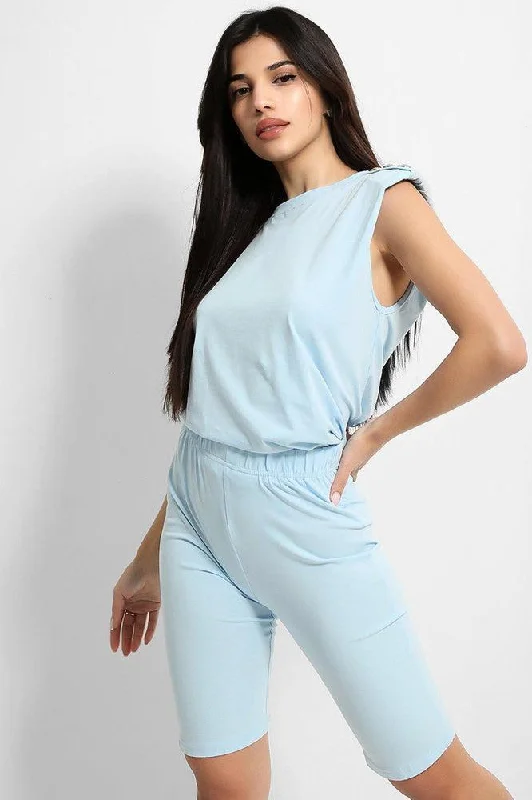 blue-buttoned-power-shoulder-top-and-cycling-shorts-set