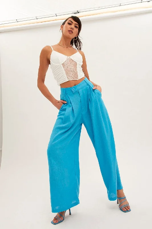 Blue Wide Leg Pants High Rise Linen Blend