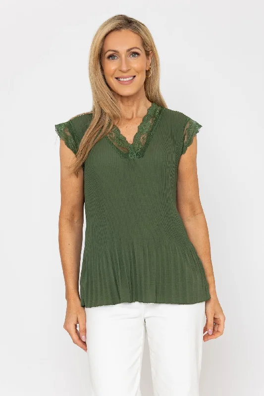 Cap Sleeve Lace Trim Pleated Top in Khaki