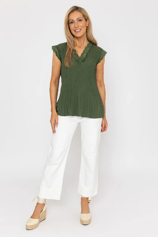 cap-sleeve-lace-trim-pleated-top-in-khaki