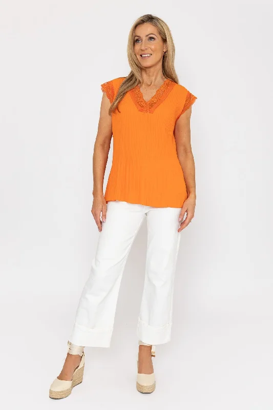 cap-sleeve-lace-trim-pleated-top-in-orange