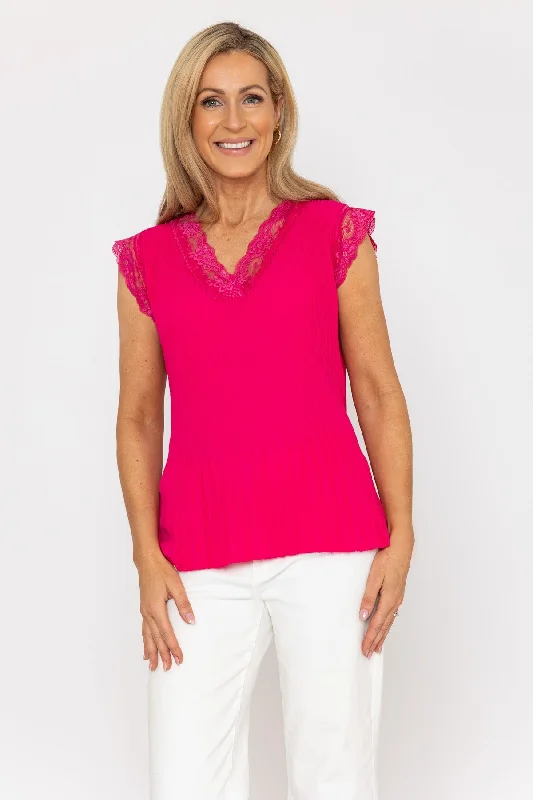 Cap Sleeve Lace Trim Pleated Top in Pink