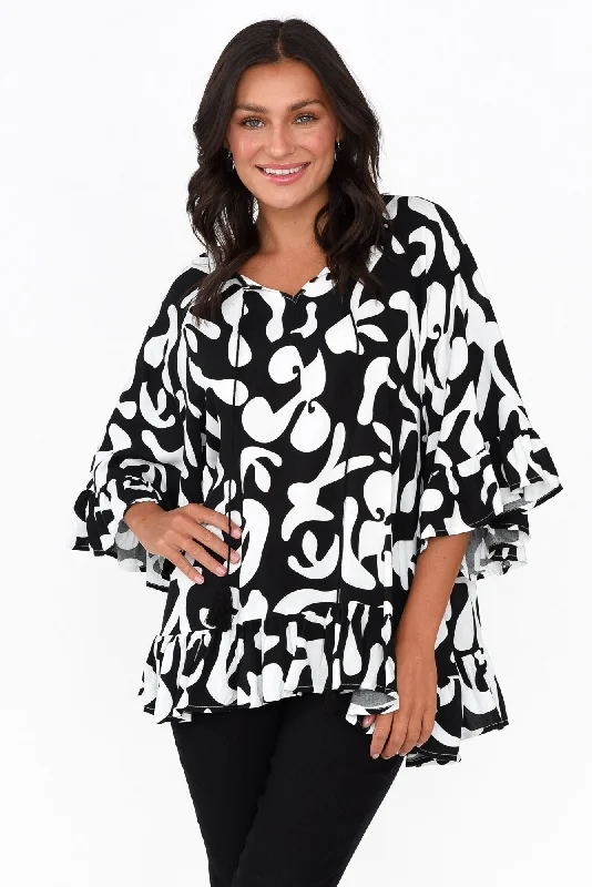 Chase Black Abstract Tassel Ruffle Top