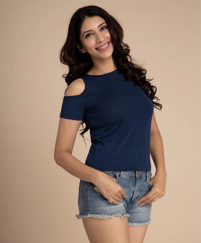 Cold Shoulder Navy Blue Tshirt