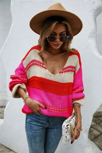 color-block-v-neck-dropped-shoulder-sweater