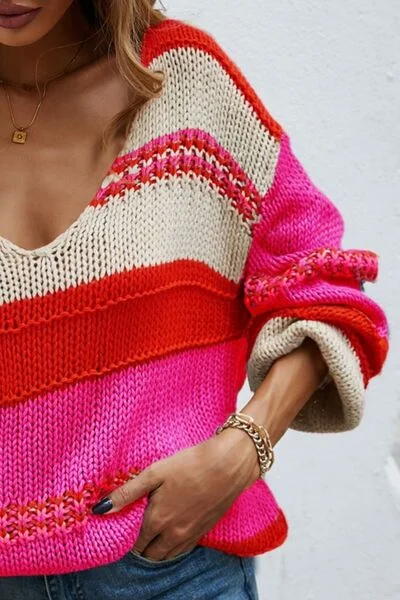 color-block-v-neck-dropped-shoulder-sweater