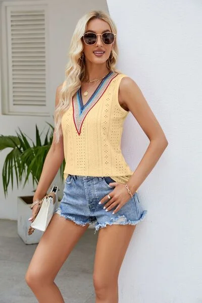 contrast-eyelet-v-neck-tank