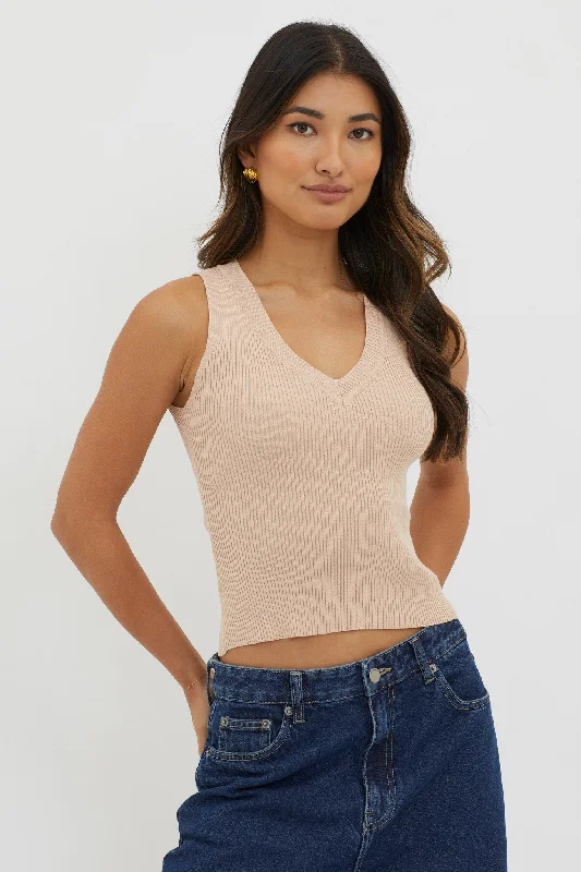 D'Lila V-Neck Ribbed Knit Top Beige