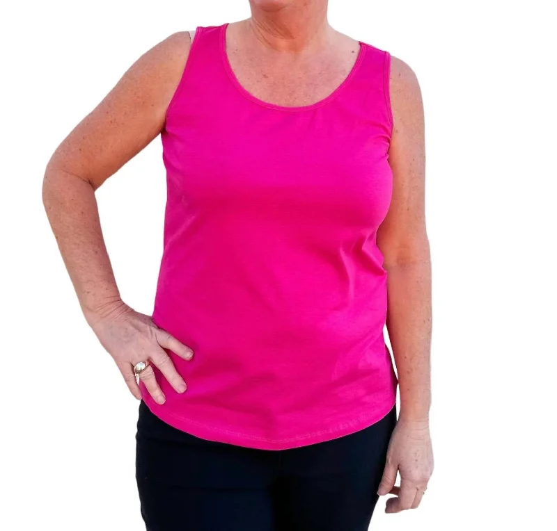 Double Scoop Neck Solid Knit Tank Top In Bright Fuchsia