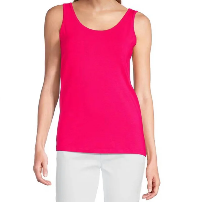 Double Scoop Neck Solid Knit Tank Top In Bright Pink