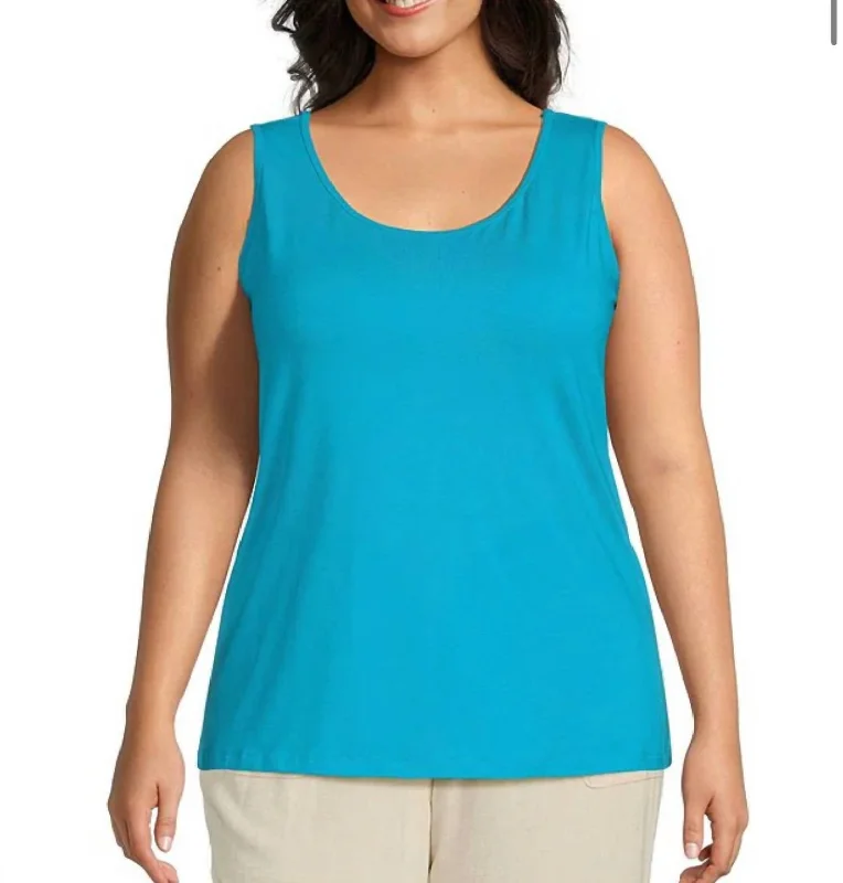 Double Scoop Neck Solid Knit Tank Top In Ocean