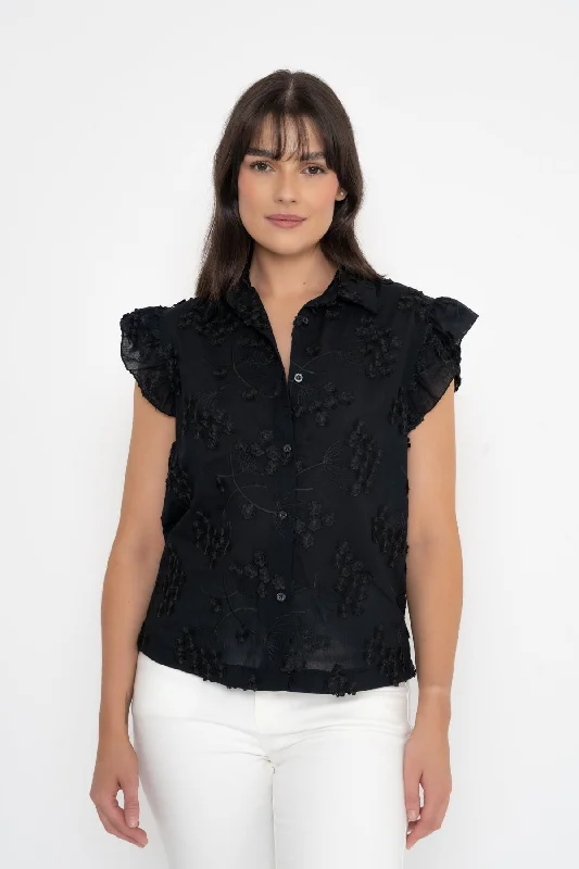 Embroidered Ruffle Sleeve Top in Black