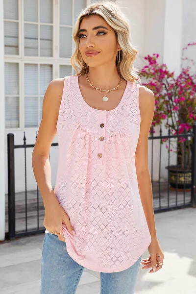 Eyelet Buttoned Round Neck Tank