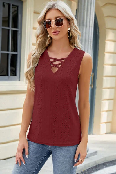 eyelet-crisscross-v-neck-tank