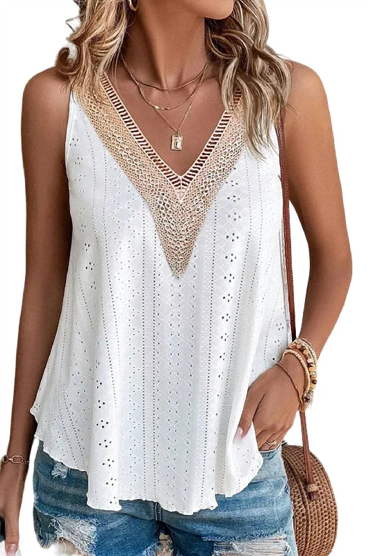 Eyelet V Neck Tank Top In White