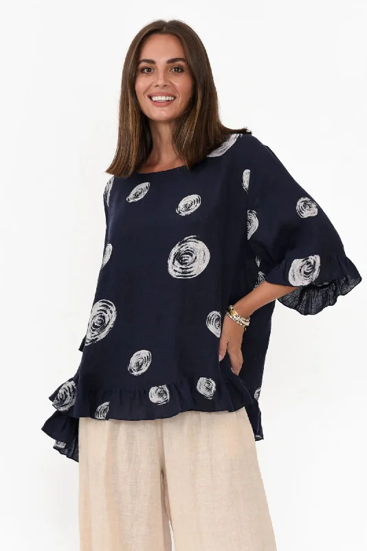 fitzgerald-navy-spot-linen-frill-top