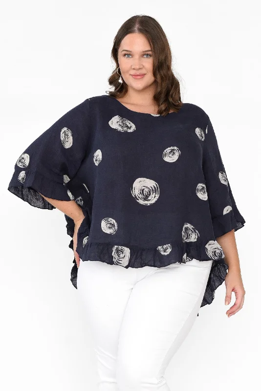 fitzgerald-navy-spot-linen-frill-top