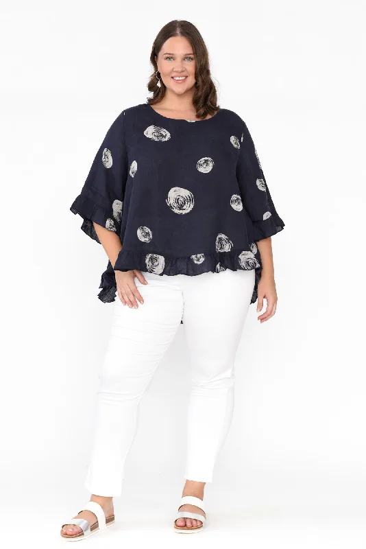 fitzgerald-navy-spot-linen-frill-top