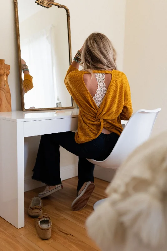 Flattering Open Back Thermal Knit Top - Mustard