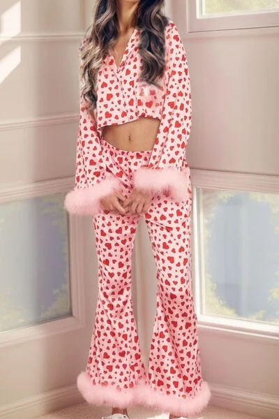 fuzzy-trim-heart-print-cropped-top-and-flare-pants-set