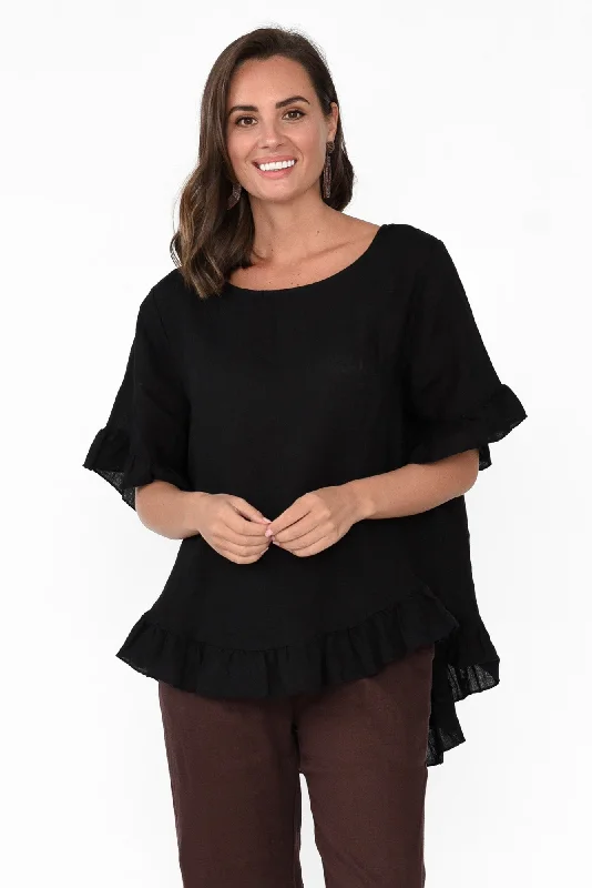 Genevieve Black Linen Frill Top