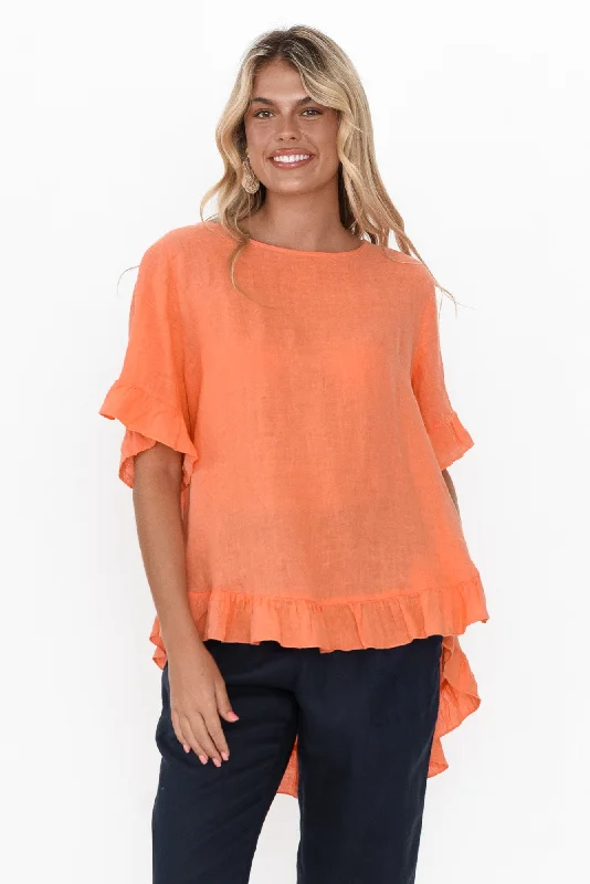 Genevieve Orange Linen Frill Top