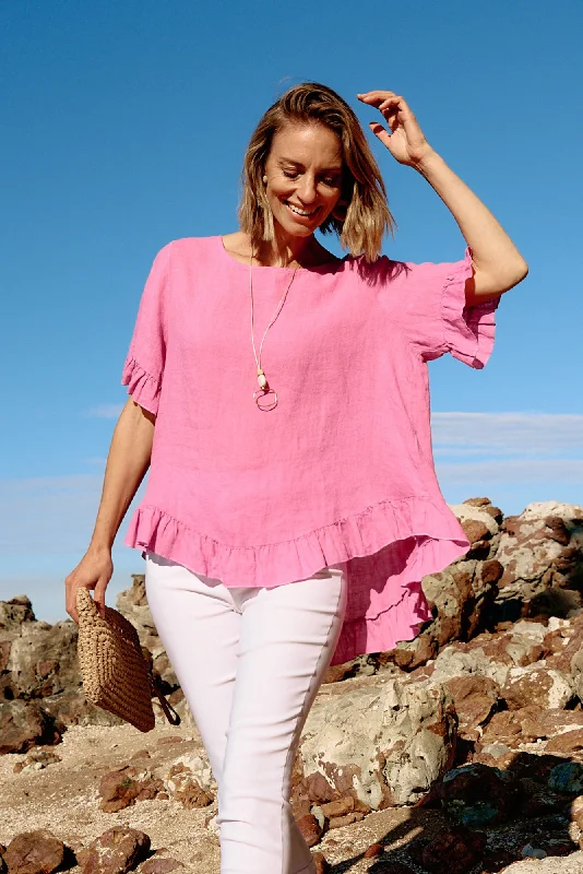 Genevieve Pink Linen Frill Top