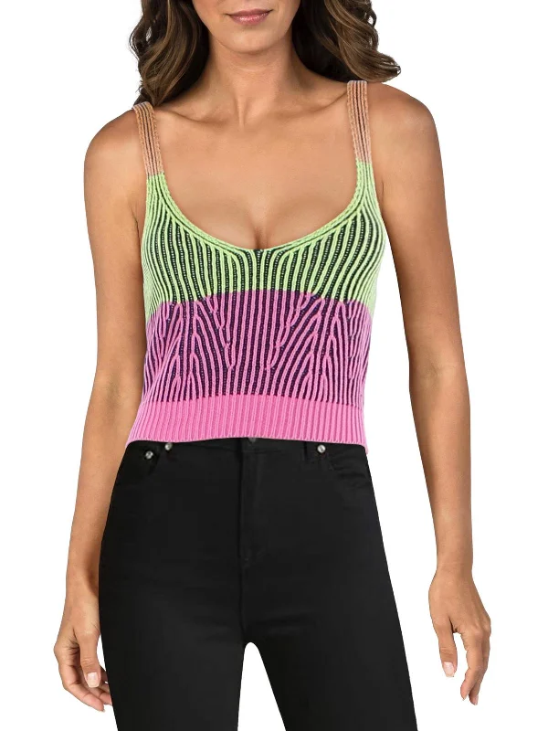 Gina Womens Ribbed Knit Colorblock Cropped