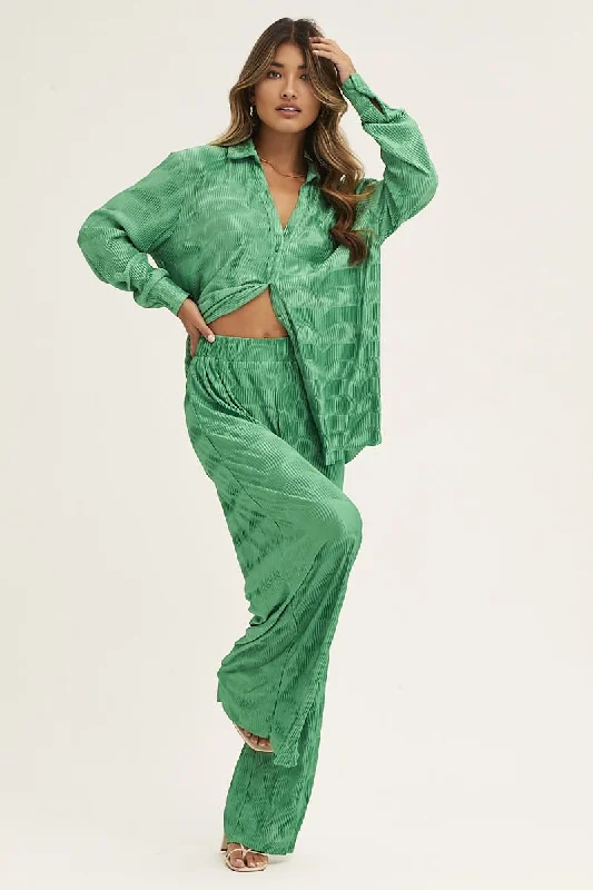 Green Plisse Pants Wide Leg High Rise