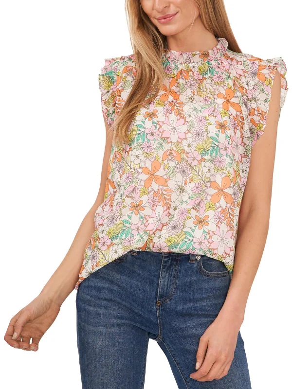 Juniors Womens Ruffled Floral Shell