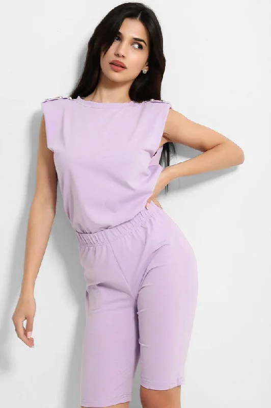 lilac-buttoned-power-shoulder-top-and-cycling-shorts-set