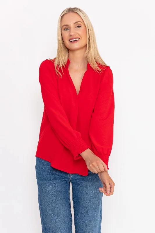 Long Sleeve Collarless Top in Red