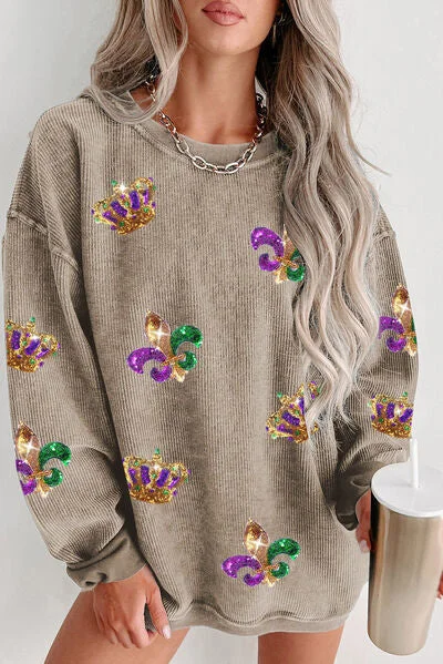 Mardi Gras Sequin Round Neck Dropped Shoulder Sweatshirt