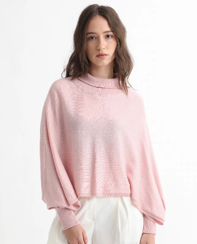 Rareism Women'S Modem Pink Cotton Fabric Full Sleeves Regular Fit Solid High Neck Sweater