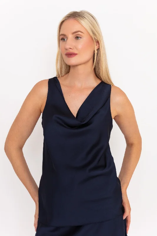 Navy Sateen Cowl Neck Top