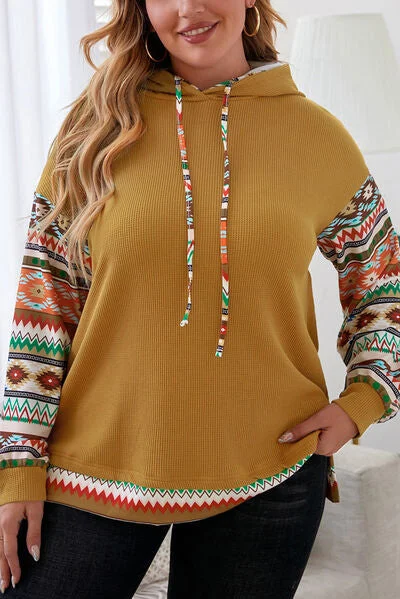 plus-size-waffle-knit-geometric-dropped-shoulder-hoodie