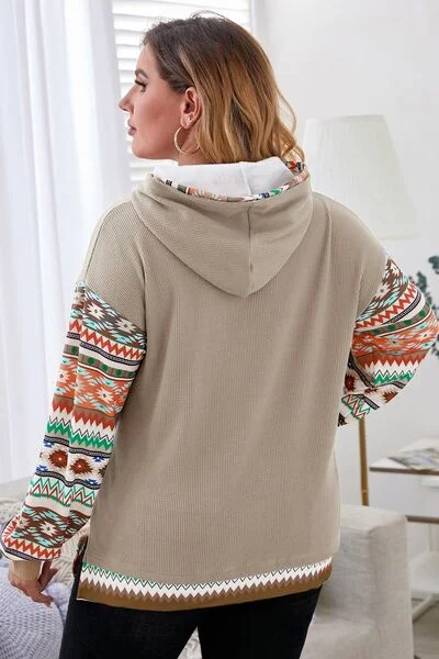 plus-size-waffle-knit-geometric-dropped-shoulder-hoodie